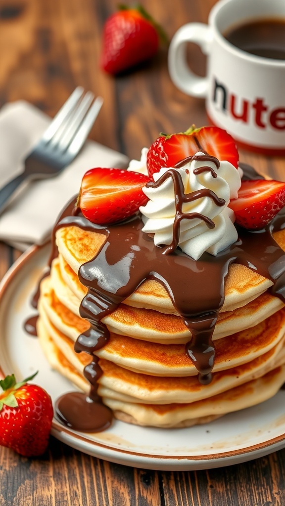A stack of Nutella pancakes topped with strawberries and whipped cream on a wooden table.